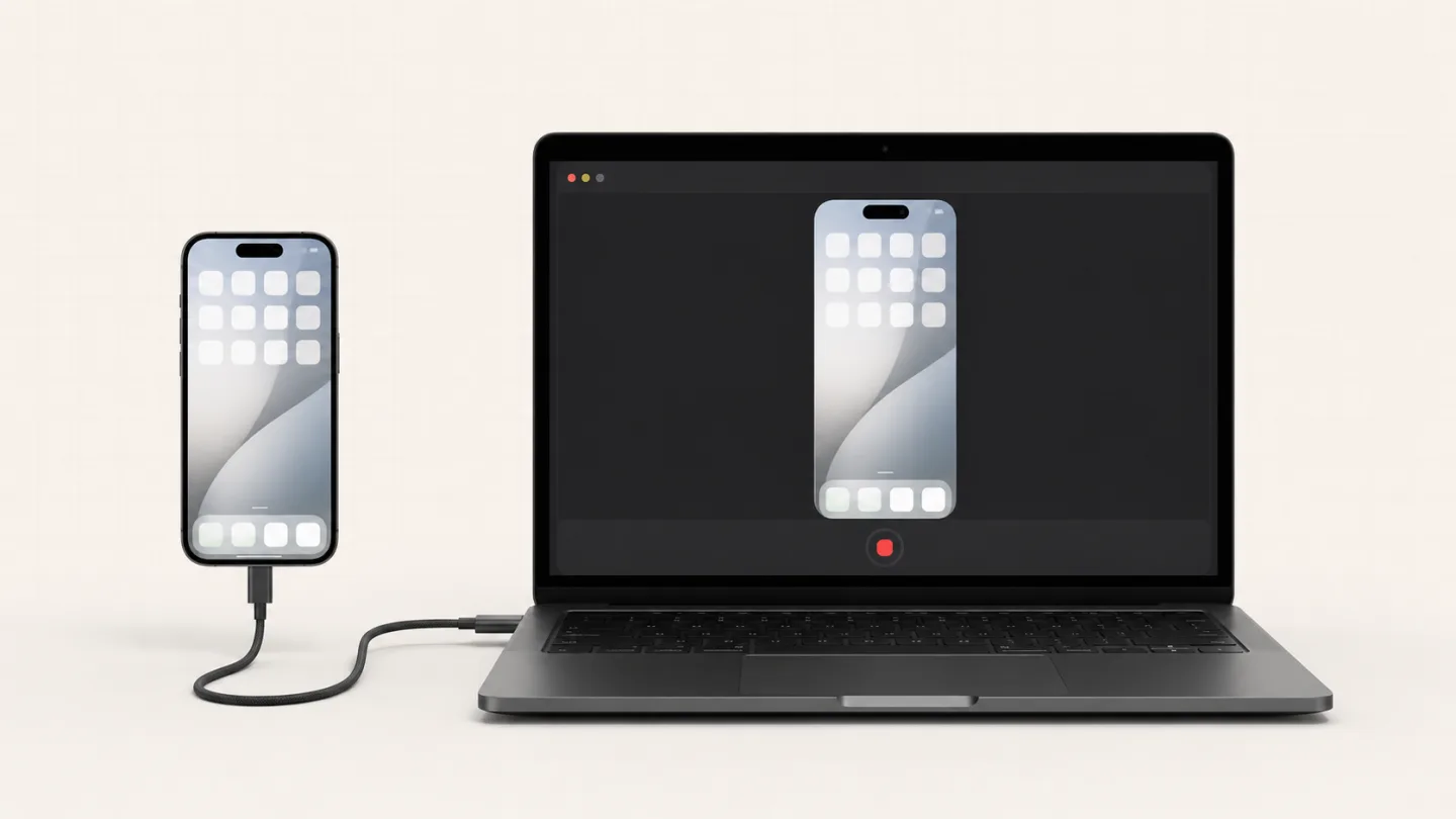 An iPhone connected to a Mac for screen recording