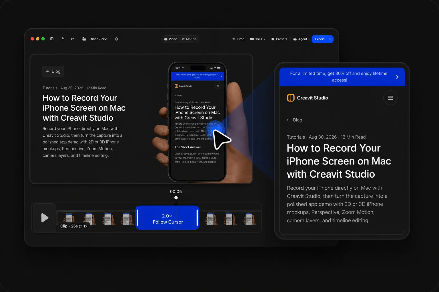 Creavit Studio editor showing an automatic zoom in dark mode