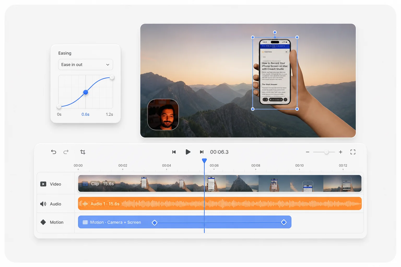 Creavit Studio timeline and motion controls in light mode