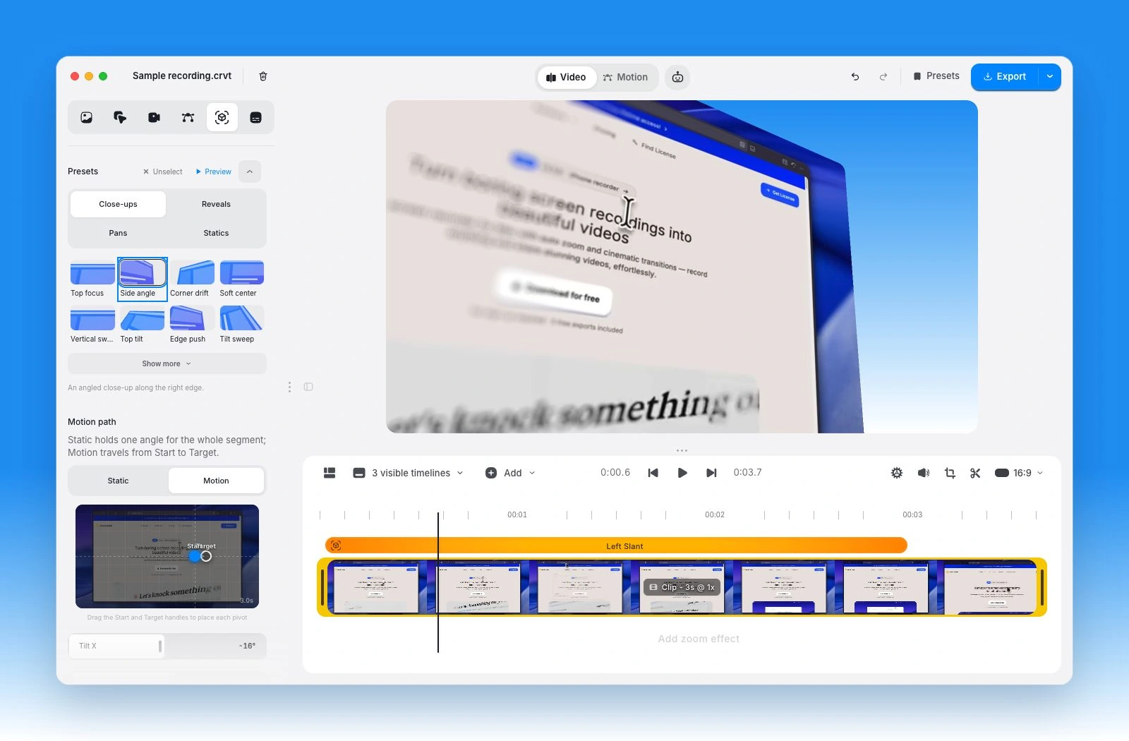 Creavit Studio Perspective presets with a Side angle close-up applied to a screen recording