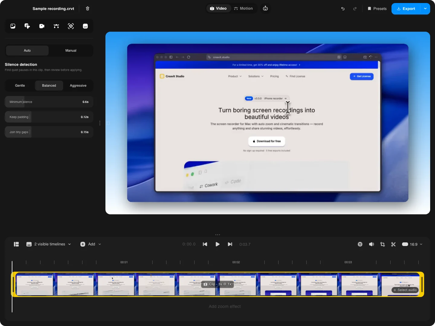 Creavit Studio silence detection controls