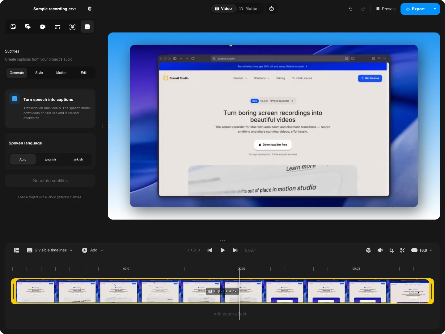 Creavit Studio Subtitles panel with Generate, Style, Motion, and Edit tabs plus spoken-language controls