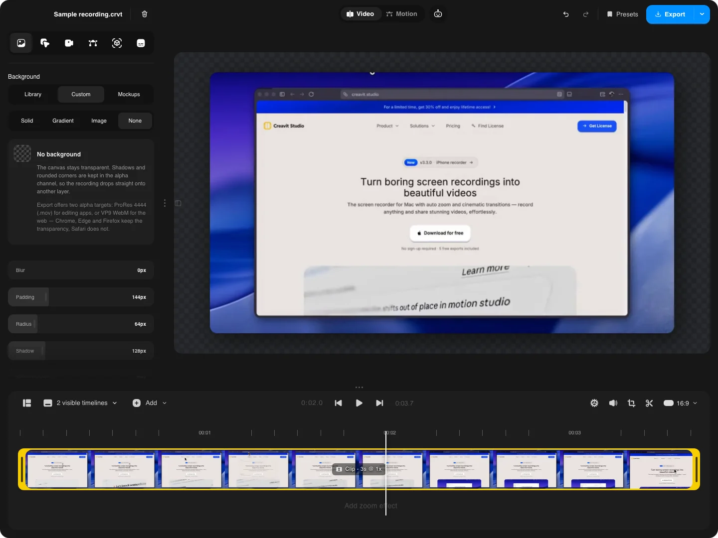 Creavit Studio editor showing a screen clip on a transparent checkerboard canvas