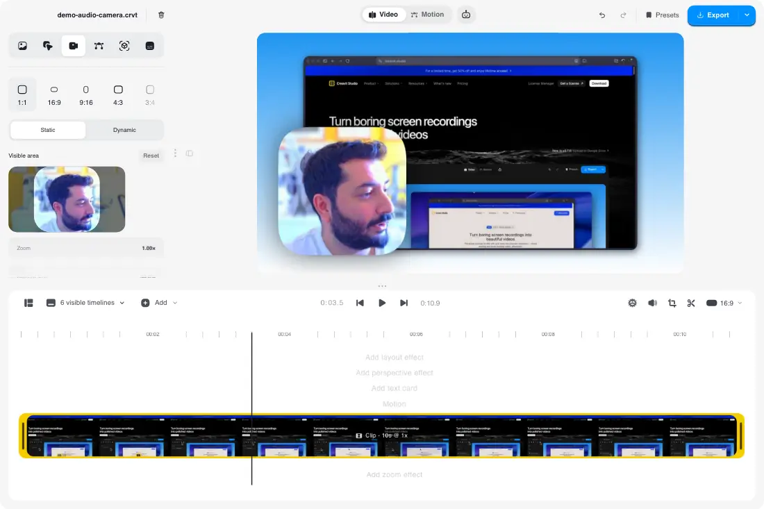 Creavit Studio editor with screen and camera layers for a course lesson